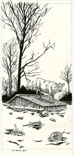 A Tim Doyle-inspired black and white illustration shows a cow on a submerged barn roof, surrounded by floating debris in floodwaters, with silhouetted bare trees in the background, capturing a O Brother Where Art Thou vibe.