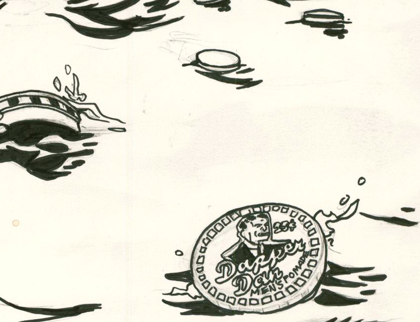 This Tim Doyle illustration captures a coin floating in water with the Dapper Dan Men’s text, resembling O Brother, Where Art Thou. Nearby, coins lie submerged beneath a small bridge, showcasing Doyles signature art style.