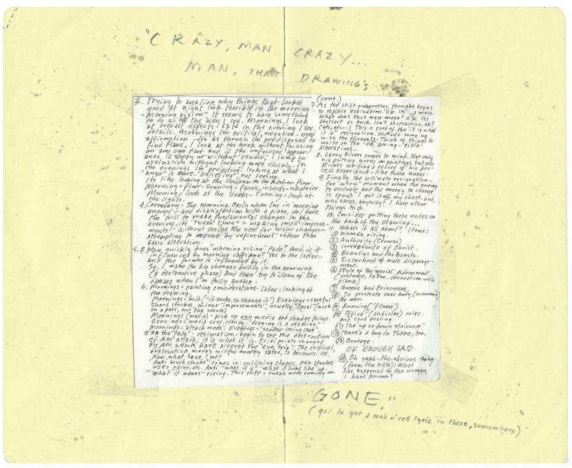 A Moleskine page, rich with ink and acrylic, features handwriting at the center. Text extends to the margins with Crazy, Man, Crazy... Man, Them Drawings scrawled at the top and Gone at the bottom, showcasing Barron Storeys signature artistic touch.