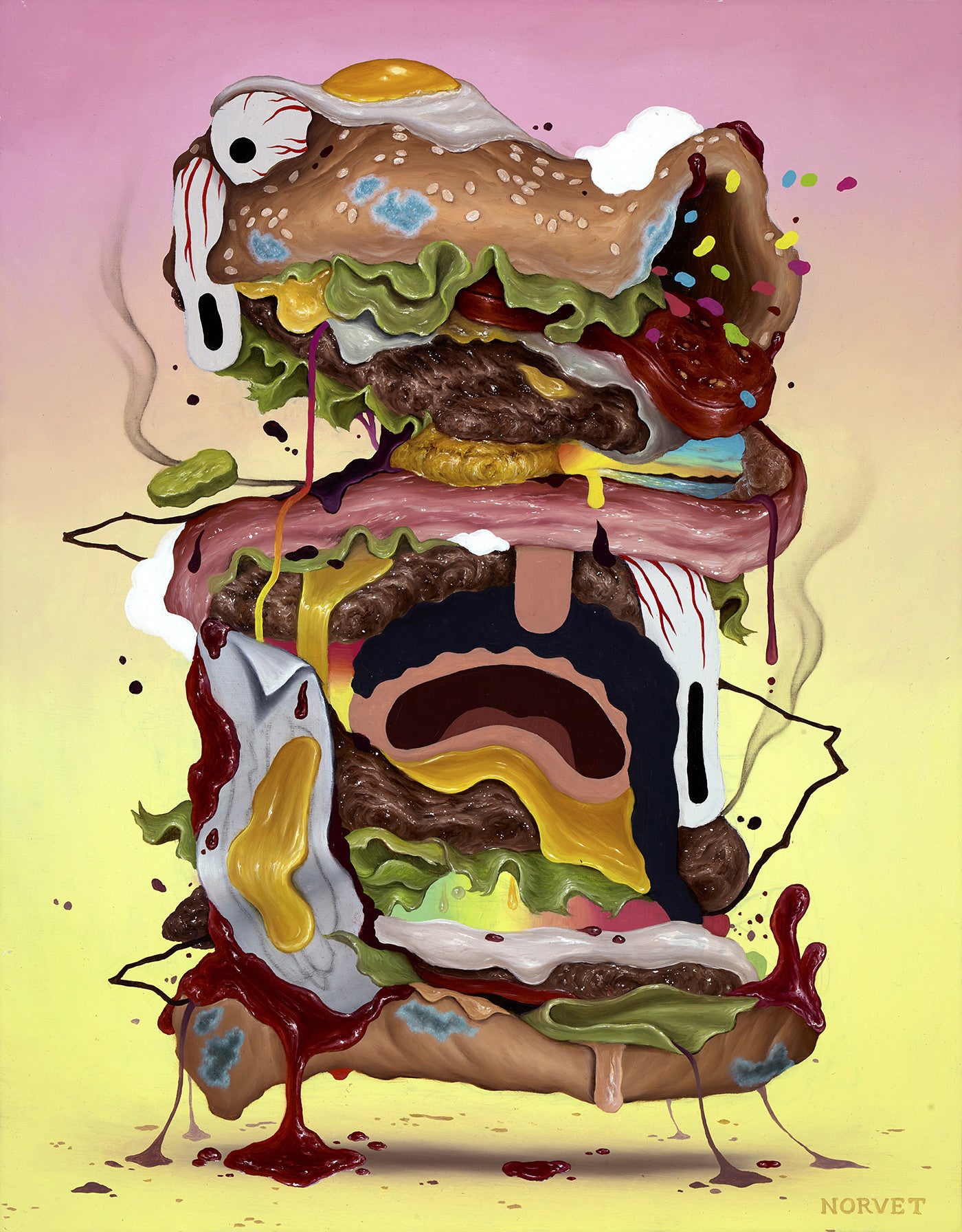 Sean Norvet crafted a surreal burger painting for Bobs Burgers art show, featuring a face with dripping condiments, lettuce, sesame seed bun, and bacon. Its animated layers have exaggerated features in bright colors on a gradient background.