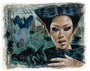 Serge Gay Jr. presents a surreal acrylic and varnish piece depicting a dramatically made-up figure holding a bowl amid floating black fish, with a tumbling figure in the background illuminated by Black Moon Light against an abstract industrial setting.