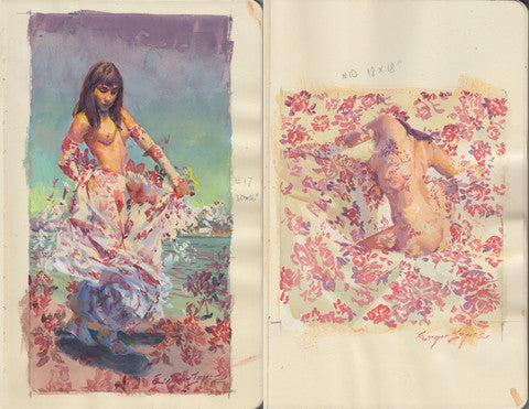 A gouache diptych by Sergio Lopez features a woman with floral fabric beside a calm body of water on the left. On the right, a fabric pattern hints at a figure, with vibrant colors and detailed floral motifs uniting the piece.