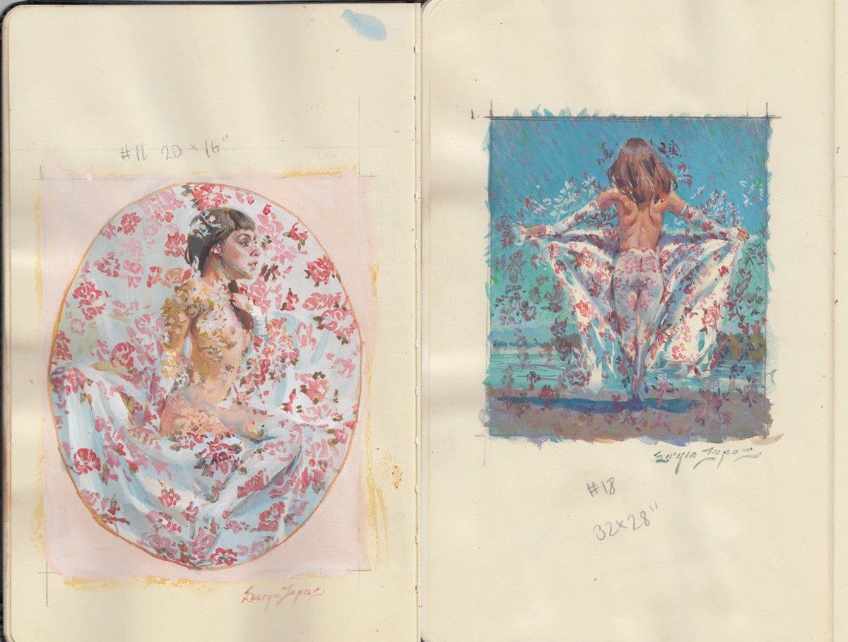 A captivating diptych by Sergio Lopez features two sketches: on the left, a woman seated against a circular backdrop wrapped in patterned fabric amid intricate florals; on the right, her bare back is set against a sky-blue background as she holds similar gauzy fabric.