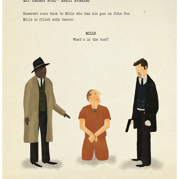 This custom-framed art by Max Dalton features a gripping scene: two men stand, one in a trench coat and hat pointing, the other in a suit with a gun. A third man kneels in an orange prison outfit. Its a hand-numbered fine art giclee print resembling a movie poster.
