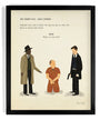 Max Daltons framed artwork depicts a movie scene: one person kneels in an orange jumpsuit with bound hands, while two others stand nearby, one holding a gun. The caption reads Whats in the box? Its a hand-numbered, custom-framed fine art giclee print.