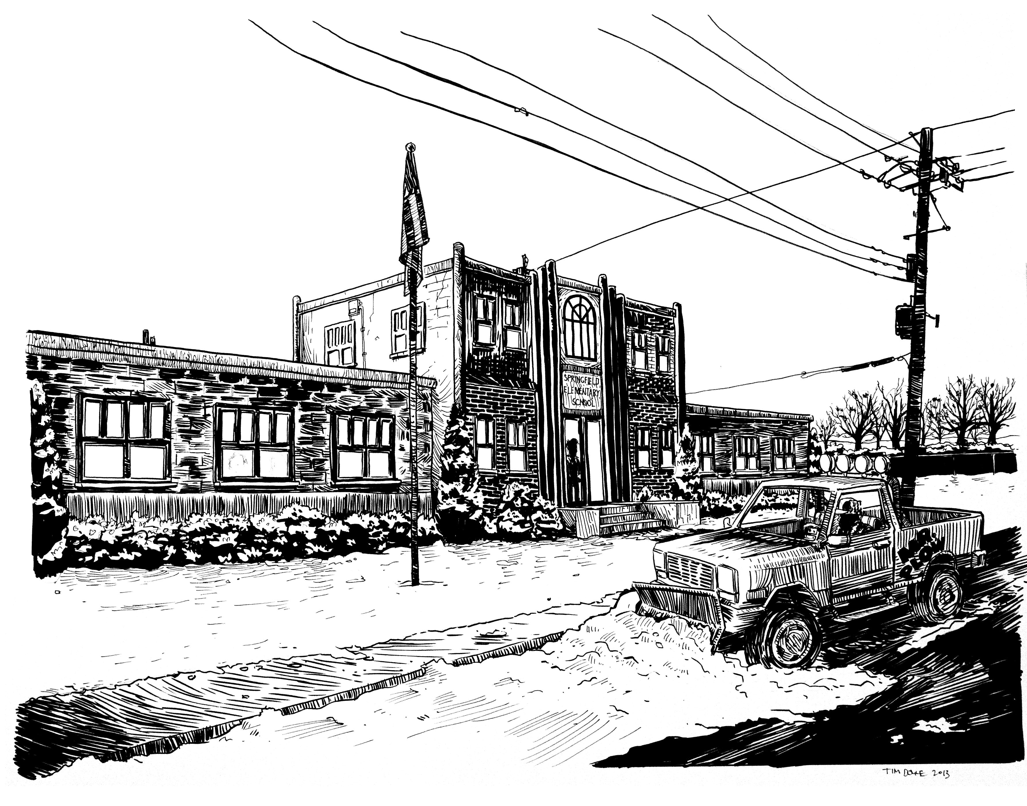 A black-and-white drawing captures a vintage truck navigating snowy streets past City Hall and a school or community center, with overhead power lines and trees. This evocative scene is reminiscent of the Tim Doyle style.