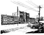 A black-and-white drawing captures a vintage truck navigating snowy streets past City Hall and a school or community center, with overhead power lines and trees. This evocative scene is reminiscent of the Tim Doyle style.