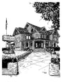 A historic-style brick funeral home with a steep roof echoes Tim Doyles art, featuring a Funeral Home Parking sign. Trees and lamp-lined paths lead to the entrance, an American flag nearby, capturing Six Feet Unders depth.