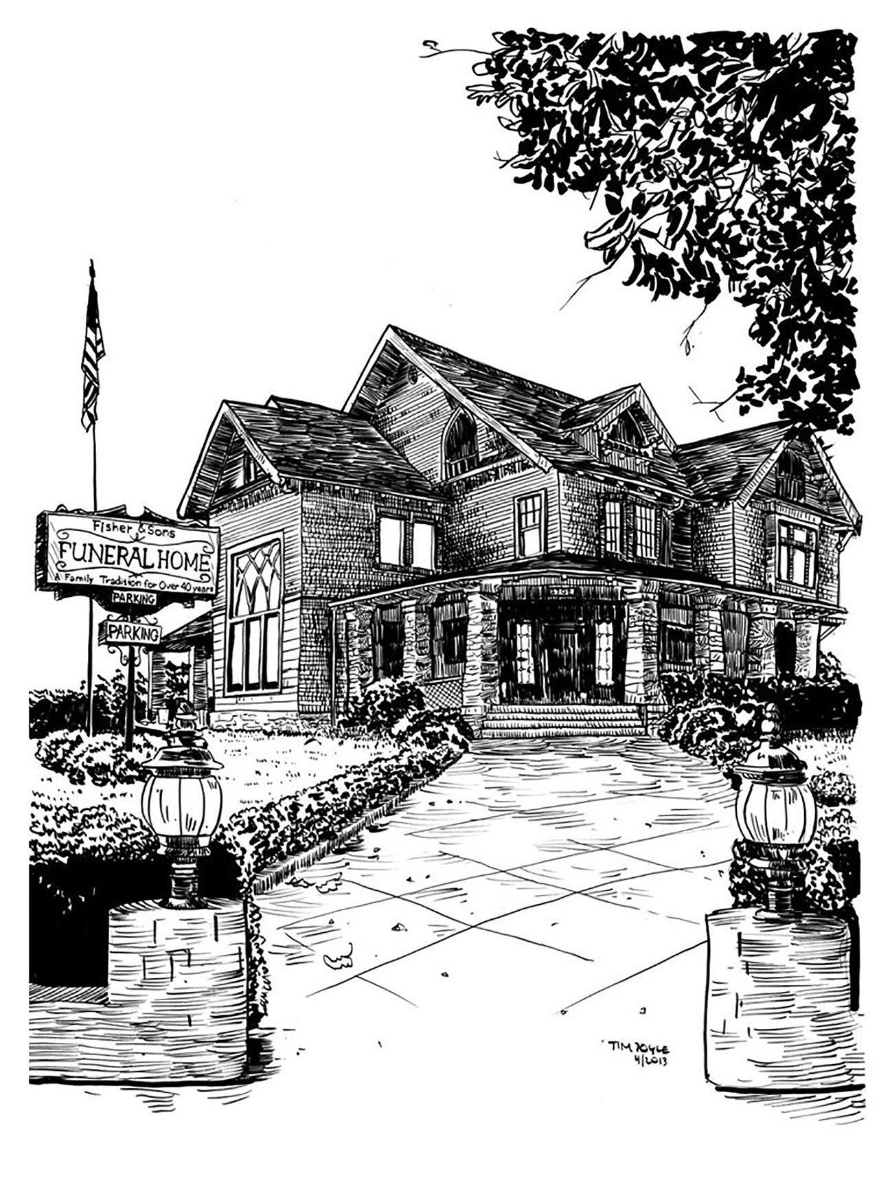 A historic-style brick funeral home with a steep roof echoes Tim Doyles art, featuring a Funeral Home Parking sign. Trees and lamp-lined paths lead to the entrance, an American flag nearby, capturing Six Feet Unders depth.
