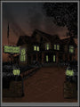 Tim Doyles screen print depicts a spooky, dimly lit funeral home at dusk with glowing windows, an eerie ambiance, and a Funeral Home sign. A lantern-flanked pathway lined with bushes leads to the building, while an American flag flutters nearby.