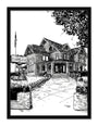 This black-and-white illustration by Tim Doyle captures the haunting essence of Six Feet Under with its depiction of a historic funeral home, complete with a formal flagpole and tree-lined path leading to its solemn entrance.