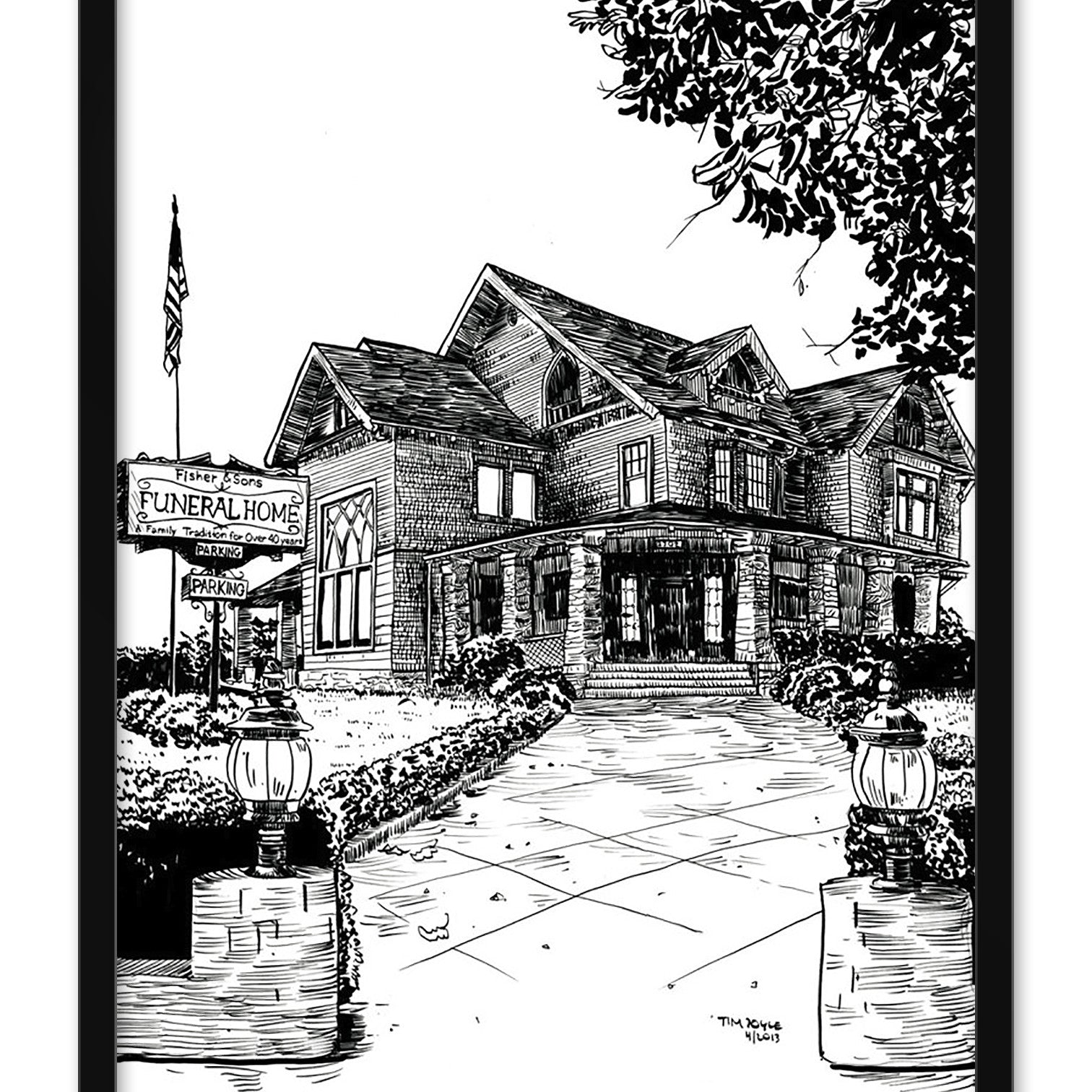 This black-and-white illustration by Tim Doyle captures the haunting essence of Six Feet Under with its depiction of a historic funeral home, complete with a formal flagpole and tree-lined path leading to its solemn entrance.