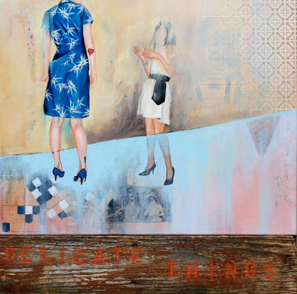 Craig Skibs Barkers painting features two women on a sloped surface: one in a blue dress and heels facing left, the other in white with raised hands. The background is filled with abstract patterns and faded text stating DELICATE THINGS in this oil and mixed media artwork.