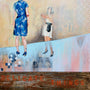 Craig Skibs Barkers painting features two women on a sloped surface: one in a blue dress and heels facing left, the other in white with raised hands. The background is filled with abstract patterns and faded text stating DELICATE THINGS in this oil and mixed media artwork.