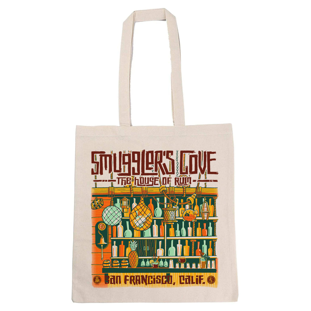 Ian Glaubinger's Smuggler's Cove tote bag featuring a view of the world famous tiki bar and three signature cocktails