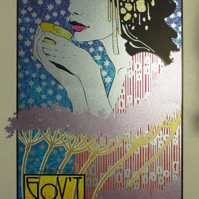 Chuck Sperrys artistic poster features a dark-haired woman holding a cup against a backdrop of red, white, and blue star patterns, with golden elements in her hair. The text at the bottom reads Govt Mule and Warfield 2012 in smaller print.