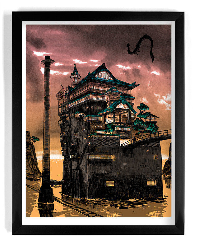 Tim Doyles screen print showcases a tall, intricate Bath House with traditional Asian design, set against a bold sunset. A smokestack stands nearby, as a shadowy dragon figure looms in the sky, all amid shimmering water.