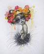 Tatiana Suarezs Spring is a signed, numbered piece with a whimsical design: a human figure with big eyes, a colorful flower headpiece, and an insect-like lower body. Watercolor splashes enhance its vibrant background.