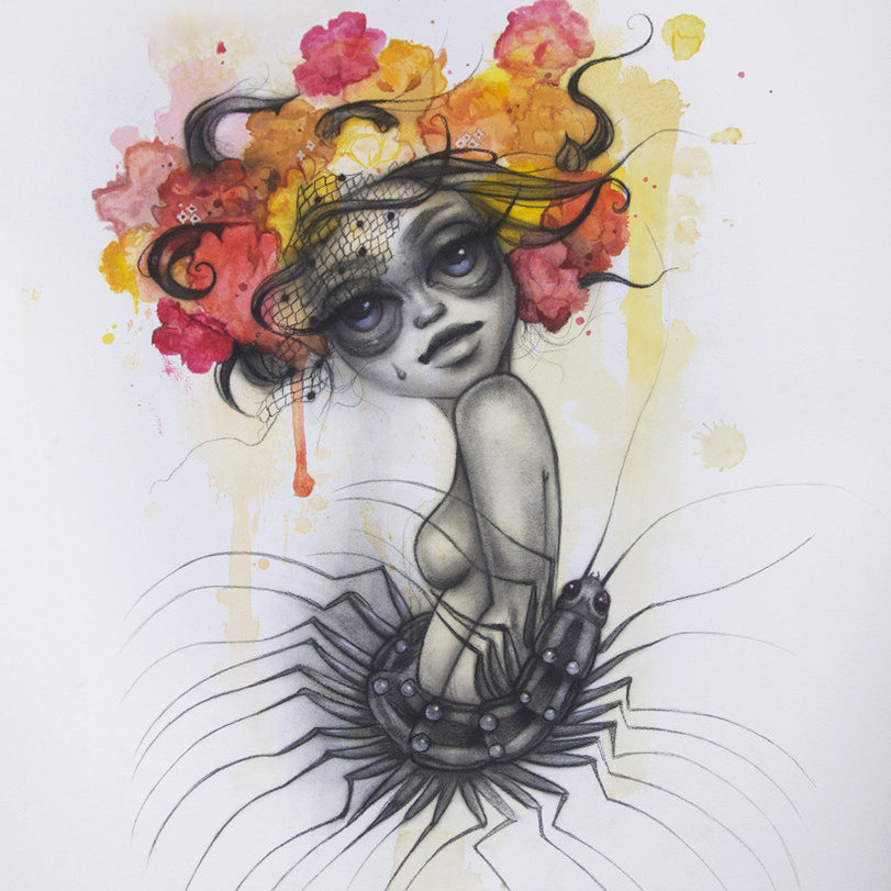 Tatiana Suarezs Spring is a signed, numbered piece with a whimsical design: a human figure with big eyes, a colorful flower headpiece, and an insect-like lower body. Watercolor splashes enhance its vibrant background.