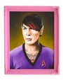 Scott Scheidly offers a limited edition fine art giclee print of Emo Spock, featuring Vulcan ears, tattoos, short dark hair with red streaks, in a purple Star Trek uniform with Starfleet insignia and earrings. Presented in a bright pink frame.