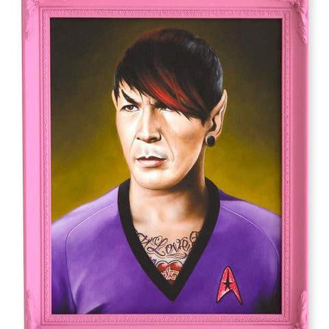Scott Scheidly offers a limited edition fine art giclee print of Emo Spock, featuring Vulcan ears, tattoos, short dark hair with red streaks, in a purple Star Trek uniform with Starfleet insignia and earrings. Presented in a bright pink frame.