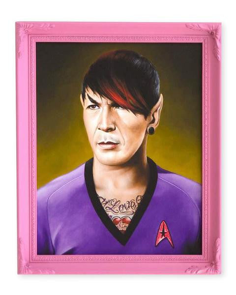 Scott Scheidly offers a limited edition fine art giclee print of Emo Spock, featuring Vulcan ears, tattoos, short dark hair with red streaks, in a purple Star Trek uniform with Starfleet insignia and earrings. Presented in a bright pink frame.