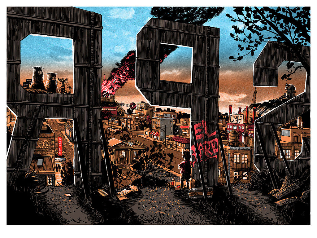 A dystopian cityscape, featuring large wooden A and Z letters, echoes Springfields industrial essence. Under a cloudy sky, buildings and smokestacks fill the horizon beneath a red El Barrio banner. A nearby figure adds to the urban screen print feel by Tim Doyle.