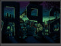 A nighttime cityscape features large wooden letters R and O in the foreground against a starry sky. Industrial buildings with glowing smokestacks create a Springfield-like backdrop, while the O is spray-painted with El Haro. This screen print is by Tim Doyle.