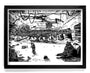 This original Tim Doyle pen and ink illustration shows a spaceship with detailed circular aspects, nestled in a large, cave-like hangar. It is surrounded by rocky formations and cables, with the artists signature adding authenticity to its striking black-and-white presentation.