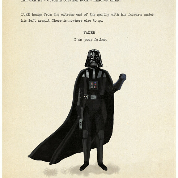 Max Daltons illustrated giclee print depicts a dark figure with an arm raised. Above, a script excerpt reveals the iconic line, I am your father, as Luke hangs from a gantry. Each print is hand-numbered to ensure authenticity.