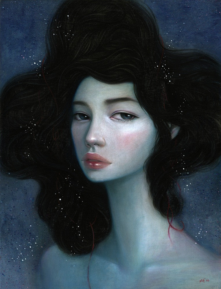 A painting of a woman with fair skin, full lips, and dark hair resembling a starry night evokes Stella Im Hultbergs style on acrylic and colored pencil birch panel against a deep blue backdrop.