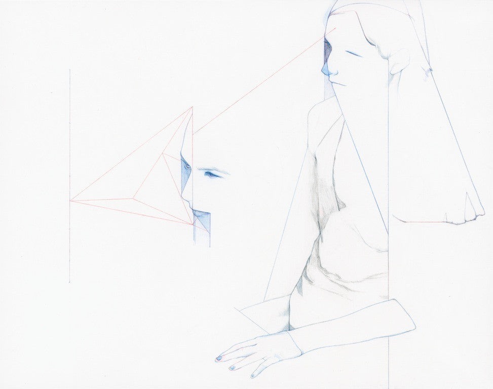 A minimalistic abstract artwork inspired by Steve Kim showcases sketches of faces and geometric shapes. A partly drawn figure with a pyramid connects to another face, crafted in colored pencils, featuring white, blue, and light red.