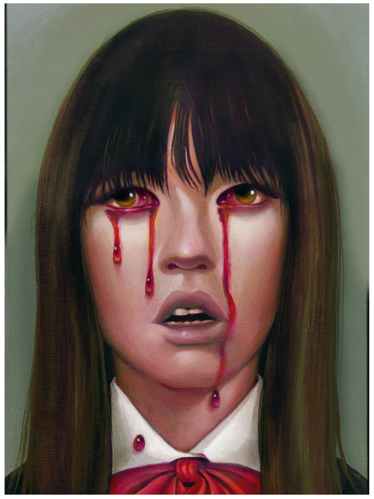This limited edition Steven Daily painting shows a woman with long brown hair, bangs, in a white shirt and red bow tie. Her open eyes weep red tears against a plain background. The piece is signed and numbered, enhancing its dramatic surrealism.