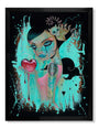 Caia Koopmans surreal illustration features a woman with large eyes and tattoos holding a dripping red heart. Her hair is decorated with leaves and a small creature, set against turquoise and black, in this limited edition archival pigment print rich with heart shapes and abstracts.