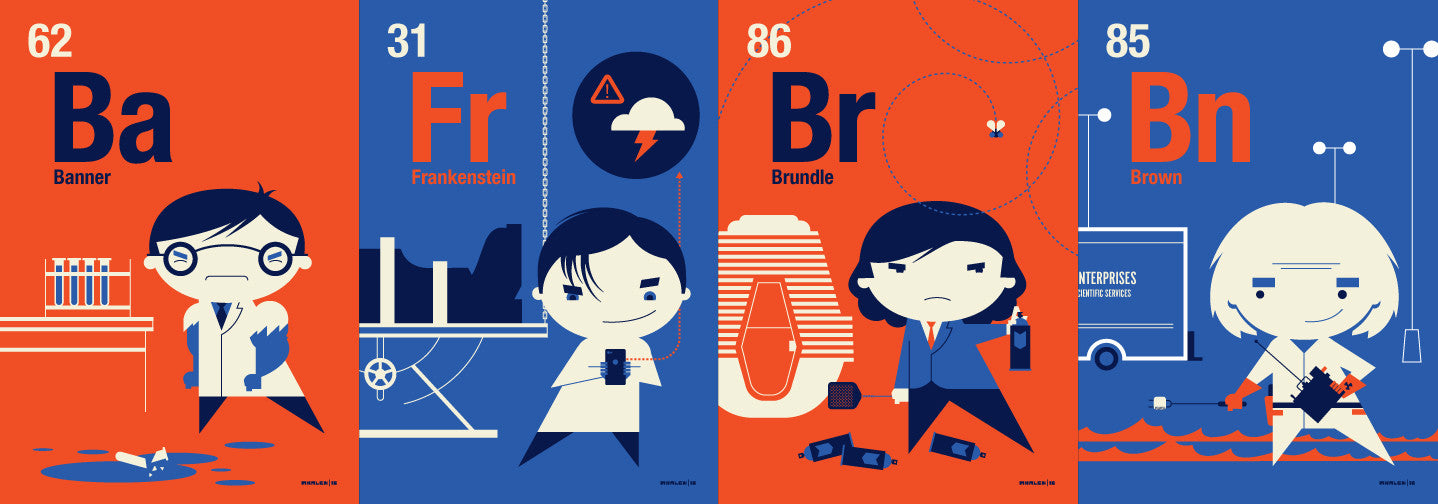 Tom Whalen presents stylized characters as periodic table elements: 62 Ba (Banner) in a lab, 31 Fr (Frankenstein) with lightning, 86 Br (Brundle) with teleport pods, and 85 Bn (Brown) featuring a flux capacitor. With blue/orange backgrounds, this screen print is perfect for custom framing.