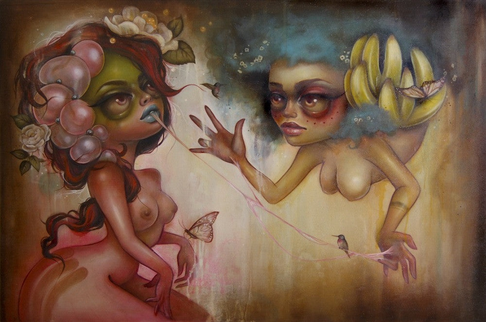 Tatiana Suarezs surreal artwork features two stylized women: one with floral and bubble embellishments, the other with a Chiclete Com Banana hairstyle. Theyre linked by a pink string amid butterflies and a small bird. Soft, ethereal oil tones on wood complete the scene.