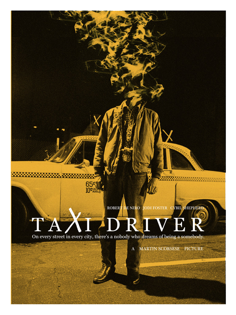 A limited edition Taxi Driver screen print by Adam Juresko depicts a man in front of a taxi, with his head engulfed in smoke and flames against a nighttime city scene. The artwork includes the films title and credits below, perfect for Martin Scorsese fans.