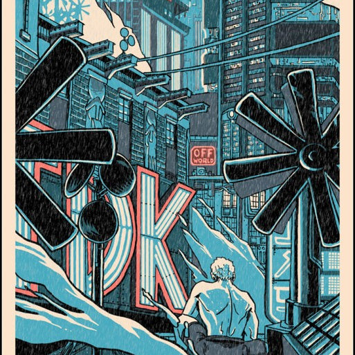 In a neon-lit futuristic city, fan-like structures loom while a person in white walks through an alley. The scene, rich with blue and red hues, is enhanced by snowy elements, capturing the mystique of Tim Doyles vision.