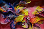 Terrarium IV by Crystal Wagner is a vibrant cut paper sculpture featuring dynamic layers of exotic feather-like shapes in blues, yellows, pinks, and purples, set against a deep pink backdrop.