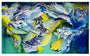This abstract paper collage, inspired by Crystal Wagner, features intricate feathers and scale patterns in blue, green, yellow, and white on a vibrant teal backdrop. It evokes dynamic swirls reminiscent of creations seen at San Francisco art fairs.