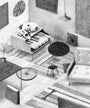In a whimsical, dreamlike room by Jonas Lofgren, a dog sleeps on an open piano surrounded by graphite-on-paper art. The space features an upside-down bicycle wheel, monochrome framed pieces, and a round table with a stool. A sofa and book rest on the patterned floor complete the surreal setting.