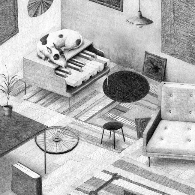 In a whimsical, dreamlike room by Jonas Lofgren, a dog sleeps on an open piano surrounded by graphite-on-paper art. The space features an upside-down bicycle wheel, monochrome framed pieces, and a round table with a stool. A sofa and book rest on the patterned floor complete the surreal setting.