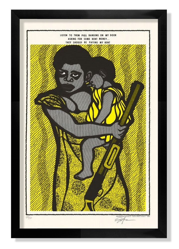 A framed, limited edition silk screen print from Emory Douglas depicts a figure holding a child and rifle against a yellow, dotted backdrop. The text reads, Listen to their Pigs banging on my door taking us to jail for nothing. They should be paying rent! Inspired by revolutionary artist Emory Douglas.