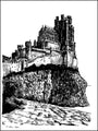 A pen and ink illustration shows the towering Red Keep on a rocky cliff, captured in dense detail by an individual in a style akin to Tim Doyles black and white work.