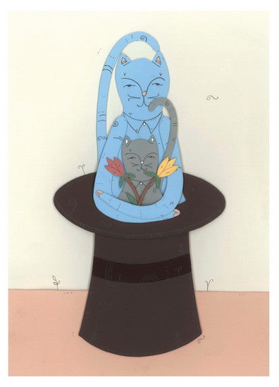 Timothy Karpinski presents two blue cats in a magicians black hat, crafted with acrylic and graphite. The larger cat holds a flower, while the smaller one is nestled inside, also with a flower. Set against a light background, this whimsical artwork is ideal for framing.
