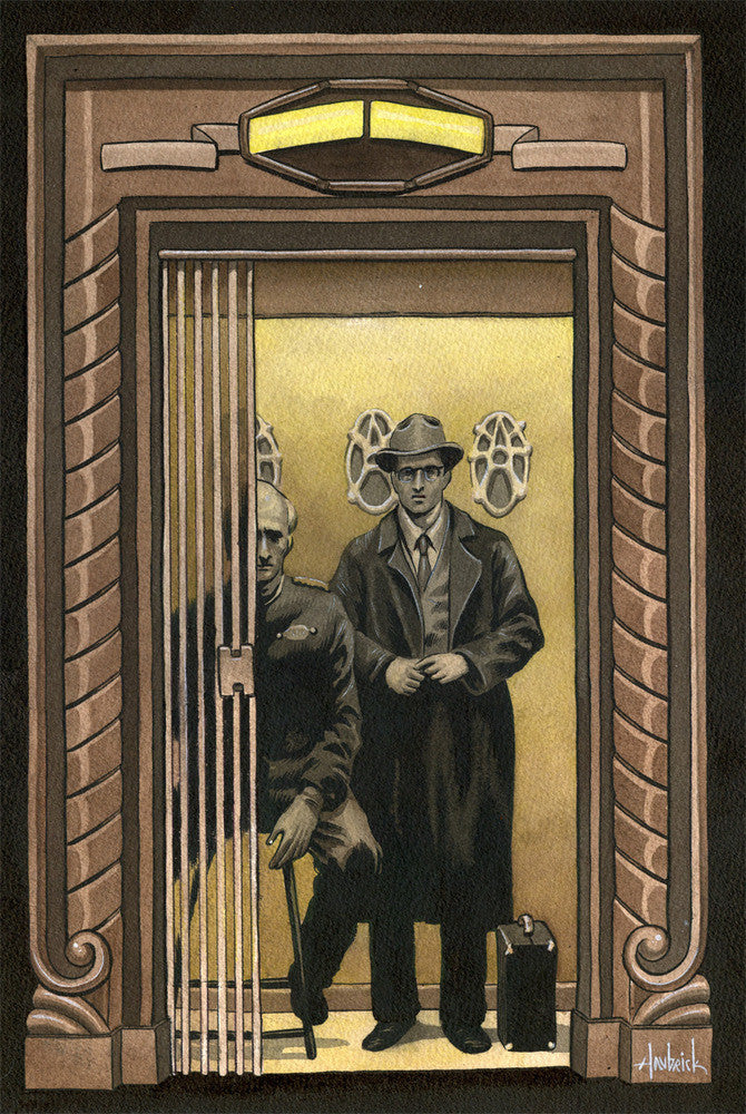 Art piece by Tom Haubrick featuring two men in an elevator: one seated in uniform, the other stands clutching a briefcase in a long coat and hat. The vintage elevator is dimly lit, exuding atmospheric charm.