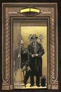 Art piece by Tom Haubrick featuring two men in an elevator: one seated in uniform, the other stands clutching a briefcase in a long coat and hat. The vintage elevator is dimly lit, exuding atmospheric charm.