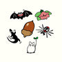 Joshua Budich presents a limited edition of simple cartoon-style illustrations, including a smiling bat, pink flower, black gecko, brown acorn, and more. Each art print is showcased on a plain background.