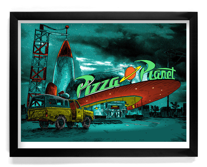 A retro-themed pizza restaurant scene at night features a neon Pizza Planet sign with a Toy Story-like rocket, and a yellow truck parked outside. The whimsical, vibrant atmosphere includes a starry sky backdrop—Tim Doyles limited edition screen print masterpiece.