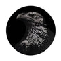 Tracie Chings artwork depicts a detailed eagle head in profile on a black circular background. Intricate lines evoke the mystique of George R.R. Martins Three-eyed Raven, emphasizing feather texture and commanding presence within its custom frame.